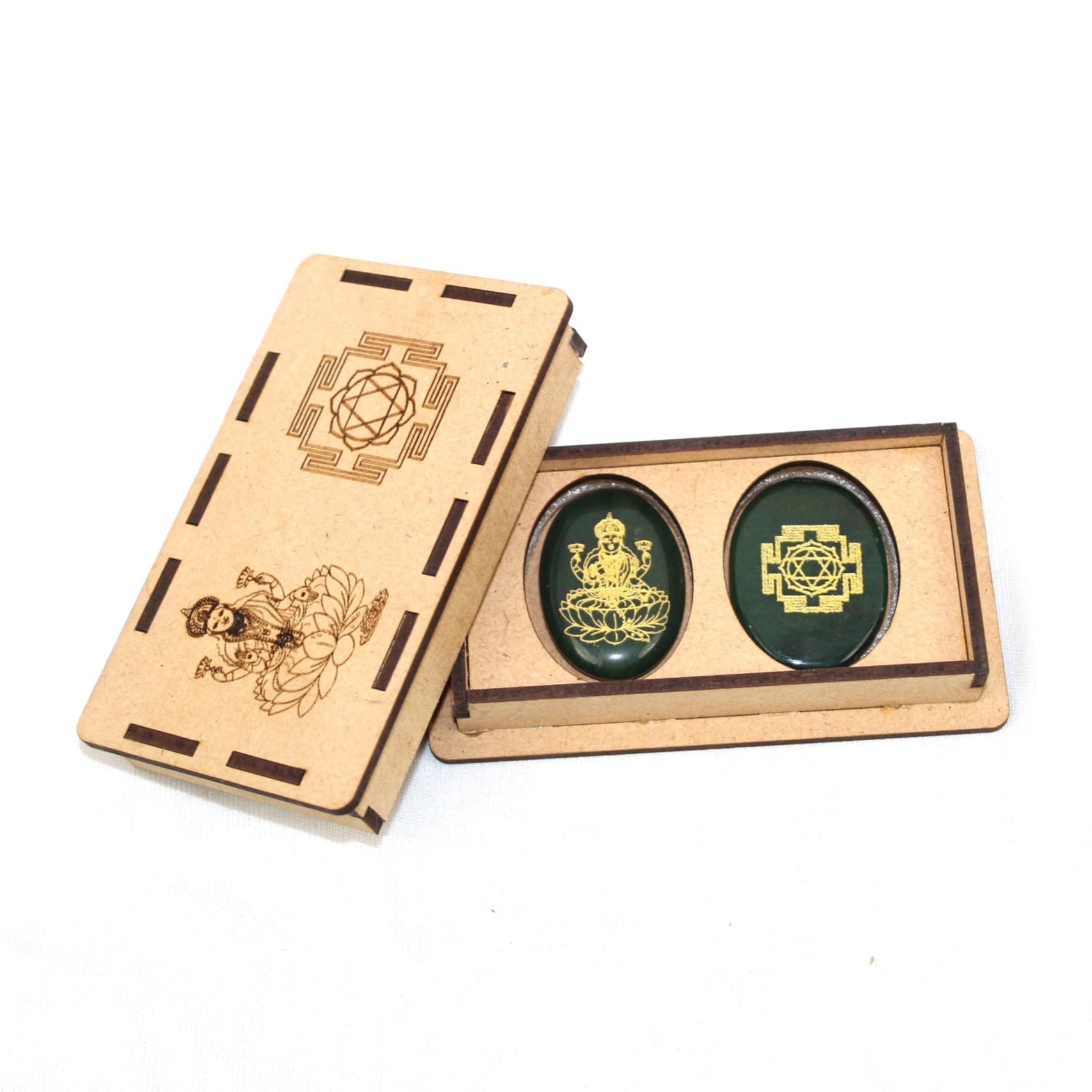 Green Jade Laxmi Ji Engraved Symbol Coin With Wood Box Natural With Certified